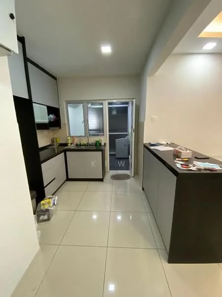 Kitchen features: white cabinets with black accents, black countertop, stainless-steel sink, chrome pull-down faucet, built-in oven, freestanding refrigerator, ceramic tile flooring, recessed LED downlights, open shelving, window with blinds, kitchen island, wall-mounted cabinets, utility area visible through door; style: modern.
