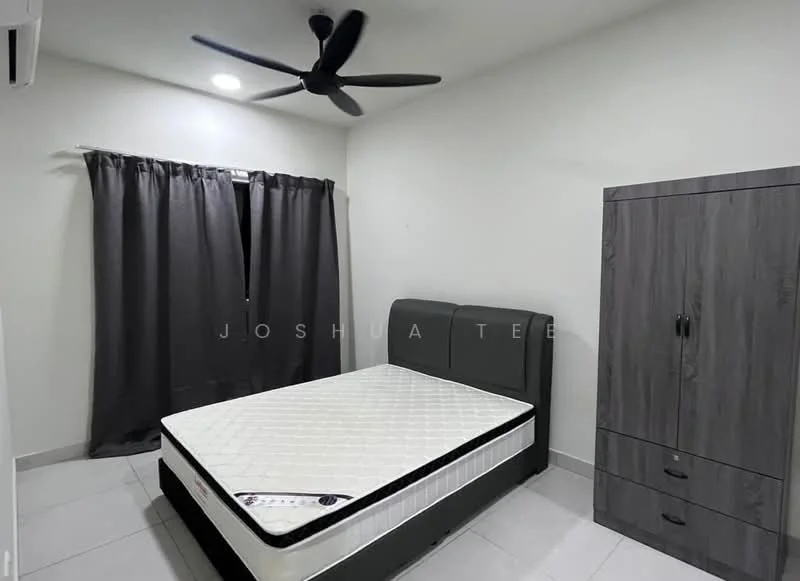 Bedroom features: queen-size bed with grey upholstered headboard, grey bed frame, black ceiling fan, white walls, grey curtains, tile flooring, wooden wardrobe with two drawers, air conditioning unit on wall; style: modern.