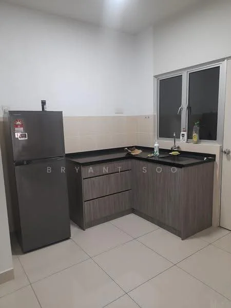 Kitchen features: grey laminate cabinetry, black countertop, stainless-steel fridge, single-bowl stainless-steel sink, chrome pull-down faucet, tile backsplash, white painted walls, ceramic tile flooring, window with sliding glass, kitchen drawers; style: modern.
