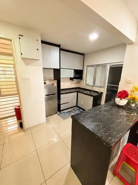 Kitchen features: black marble countertop, white upper cabinets, grey lower cabinets, stainless-steel sink, chrome pull-down faucet, built-in oven, ceramic tile flooring, recessed downlights, sliding glass door, open shelving, kitchen island, wall-mounted cabinets; style: modern.