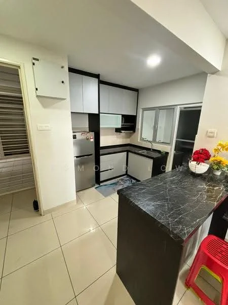 Kitchen features: black marble countertop, white upper cabinets, black lower cabinets, stainless-steel sink, chrome pull-down faucet, built-in oven, freestanding range oven, refrigerator, tile flooring, window with view to outside, decorative flowers on countertop, open shelving, light-colored walls, under-cabinet lighting; style: modern.