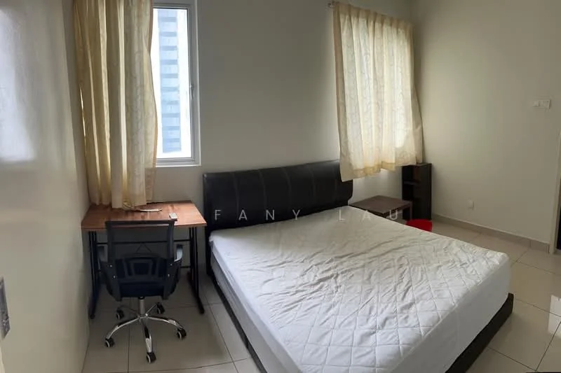 Bedroom features: queen-size bed, upholstered headboard, study desk, office chair, floor-to-ceiling window, sheer curtains, light-colored walls, tile flooring; style: modern; view: city.