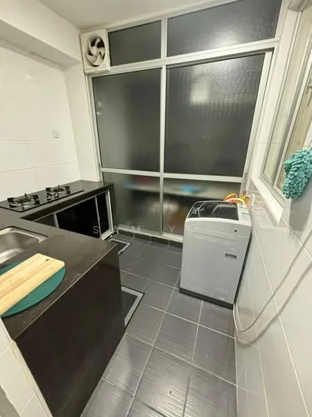 Laundry features: black cabinetry, stainless-steel sink, 4-burner gas hob, front-load washing machine, grey tiled flooring, white tiled walls, window with frosted glass, exhaust fan; style: modern.