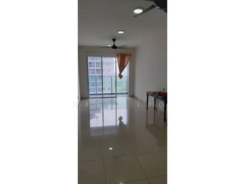 Living features: white painted walls, glossy ceramic tile flooring, ceiling fan, floor-to-ceiling windows, sheer curtains, natural light, open layout, dining table, view of surrounding buildings; style: modern; view: city.