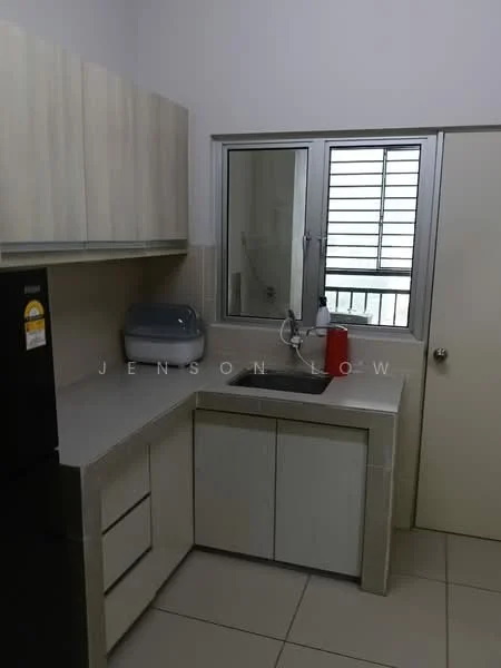 Kitchen features: light wood cabinetry, grey countertop, single-bowl stainless-steel sink, chrome pull-down faucet, built-in refrigerator, window with metal grille, tile flooring, neutral wall colour; style: modern.
