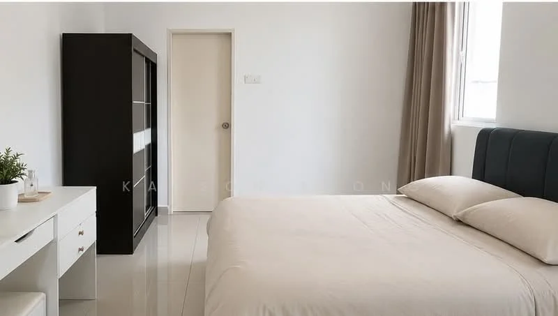 Bedroom features: queen-size bed with beige bedding, upholstered headboard in dark blue, white painted walls, light-colored curtains, glossy tile flooring, built-in wardrobe with sliding doors, white desk with drawer, small potted plant on desk; style: modern.