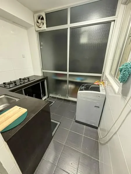 Laundry features: black cabinetry, single-bowl stainless-steel sink, 4-burner gas hob, front-load washing machine, grey tiled flooring, white tiled walls, large window with frosted glass, exhaust fan; style: modern.