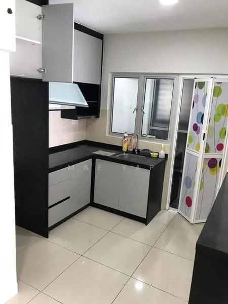 Kitchen features: black and grey cabinetry, black countertop, stainless-steel sink, chrome faucet, built-in kitchen hood, ceramic tile flooring, wall-mounted cabinets, window with grid pattern, sliding door with colorful pattern, recessed lighting; style: modern.