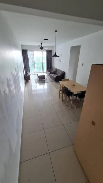 Living features: white painted walls, tile flooring, 5-blade ceiling fan with light, sofa in grey fabric, coffee table, TV console, floor-to-ceiling windows, curtains, dining table with chairs, decorative wall, natural light from window; style: modern; view: city.