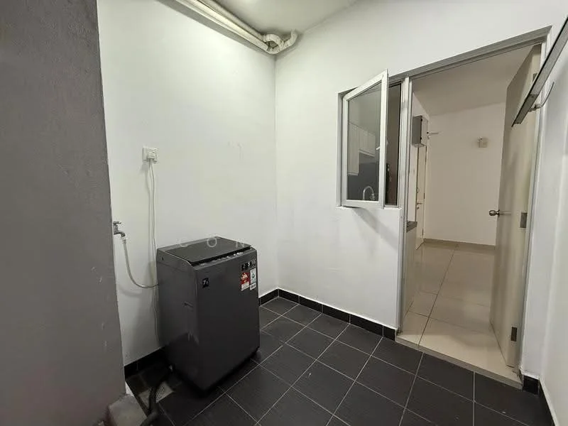 Laundry features: black ceramic tile flooring, white painted walls, washing machine, window for natural light, plumbing connection, light fixture on ceiling.