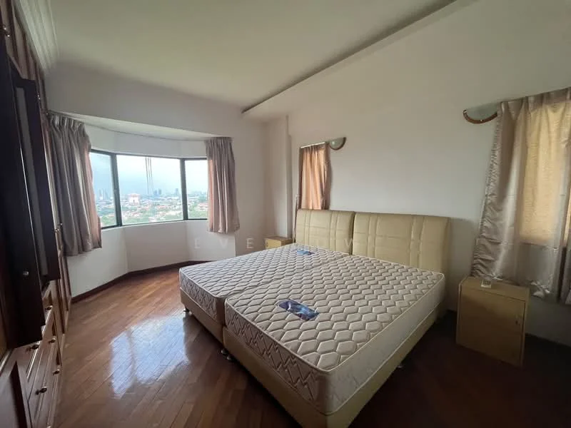 Bedroom features: queen-size bed, upholstered headboard, wooden flooring, floor-to-ceiling windows, curtains, nightstand, built-in wardrobe, city view; style: modern; view: city.
