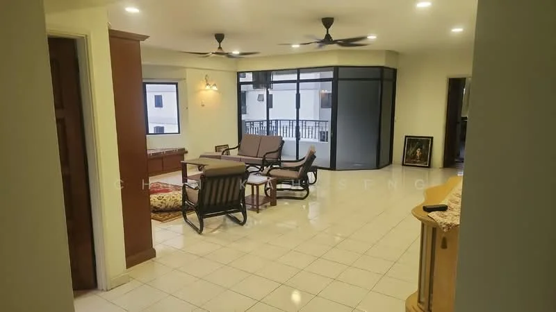 Living features: white painted walls, glossy tile flooring, 5-blade ceiling fan with light, 2 ceiling fans, large sliding glass door, balcony access, wooden coffee table, 2-seater fabric sofa, armchair, decorative area rug, wall-mounted artwork, recessed lighting; style: contemporary.