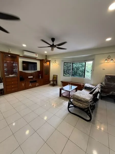 Living features: white painted walls, tile flooring, 5-blade ceiling fan with light, wall-mounted TV, wooden TV console, built-in cabinetry, large windows with view of greenery, sofa with fabric upholstery, coffee table, decorative wall sconces; style: modern; view: garden.