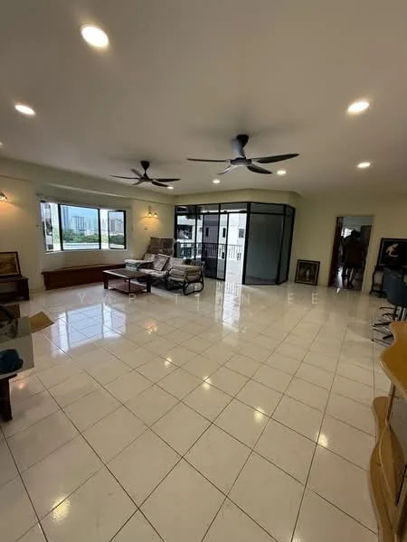 Living features: white painted walls, glossy white tile flooring, 2 ceiling fans, large windows with city view, glass sliding doors, recessed downlights, wooden coffee table, 2 armchairs, decorative wall sconces, open layout, area rug; style: modern; view: city.