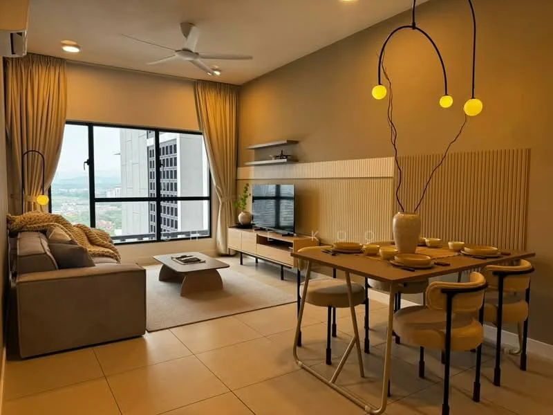 Living features: 3-seater fabric sofa in beige, coffee table, TV console, wall-mounted TV, 5-blade ceiling fan with light, floor-to-ceiling windows, sheer curtains, decorative wall paneling, area rug, dining table for 4 with upholstered chairs, table setting with plates and cutlery; style: modern; view: city.