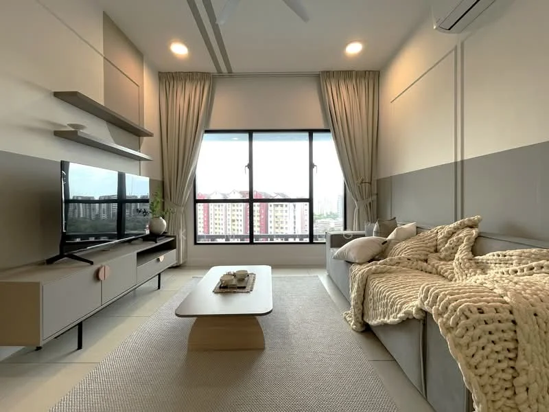 Living features: grey fabric sofa, coffee table, TV console, wall-mounted TV, area rug, floor-to-ceiling windows, sheer curtains, recessed downlights, ceiling fan, decorative throw blanket, decorative cushions, wall-mounted shelving, light grey painted walls, dark grey accent wall; style: modern; view: city.