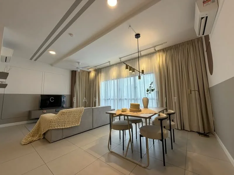 Living features: light grey sectional sofa, cream throw blanket, wall-mounted TV, dining table with four chairs, pendant lighting above dining table, floor-to-ceiling windows with sheer curtains, grey painted accent wall, white painted walls, recessed ceiling lights, 2 wall-mounted split AC units, decorative vase on dining table, neutral-toned area rug; style: modern.
