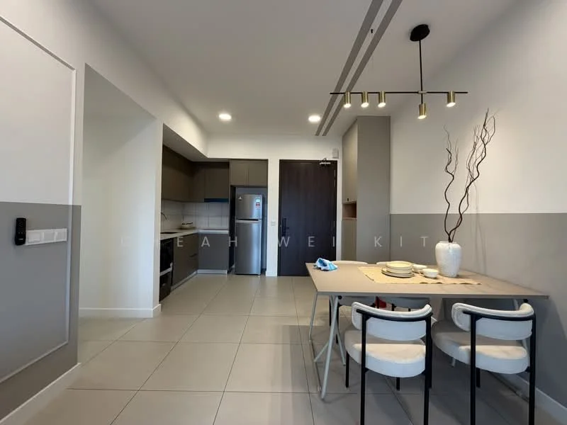 Dining features: dining table with neutral table setting, 4 upholstered dining chairs, pendant light fixture, grey accent wall, white walls, tile flooring, open layout to kitchen, decorative branches in vase; style: modern. Kitchen features: stainless-steel fridge, built-in oven, ceramic cooktop, grey cabinetry, countertop with backsplash, open shelving, tile flooring, kitchen island with seating; style: modern.