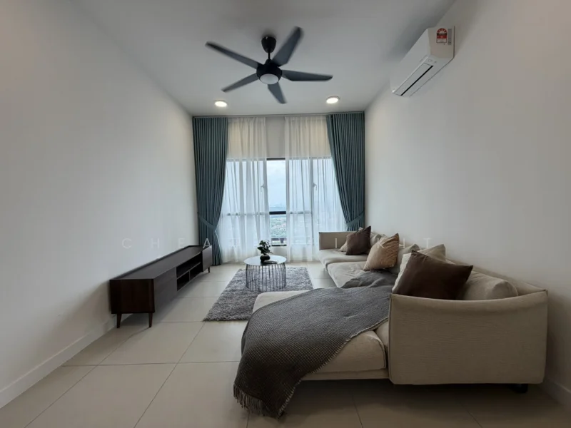 Living features: 3-seater fabric sofa in beige, throw blanket on sofa, coffee table, TV console, wall-mounted TV, floor-to-ceiling windows, curtains in light blue and white, ceiling fan with light, wall-mounted split AC, light-colored tiled flooring, decorative cushions; style: modern; view: city.