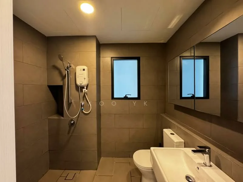 Bathroom features: grey tiled walls, grey tiled flooring, walk-in shower with glass enclosure, rain shower head, handheld shower, toilet, single-sink vanity with black cabinet, framed mirror, chrome basin mixer, window, ceiling light; style: modern.