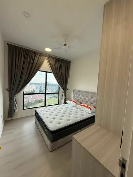 Bedroom features: queen-size bed, upholstered headboard, bedside lamps, floor-to-ceiling windows, grey curtains, light wood flooring, ceiling fan, built-in wardrobe, decorative wall paneling; style: modern; view: city.