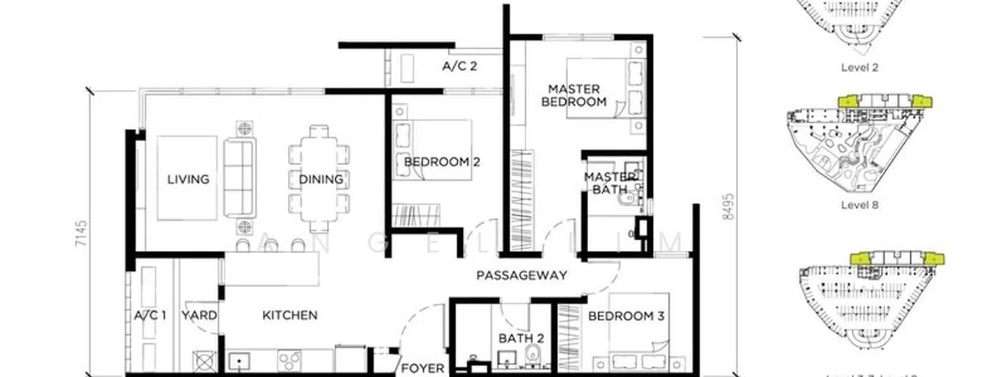 Floor plan: 3-bedroom 2-bathroom unit; features: open-plan kitchen-dining-living, master bedroom with ensuite bathroom, bedroom 2 with shared bathroom, utility room, yard area, central foyer, passageway, 1 car porch.