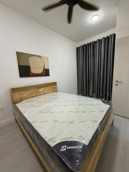 Bedroom features: queen-size bed, wooden bed frame, mattress with protective cover, grey curtains, ceiling fan, white painted walls, light-colored flooring, abstract artwork on wall; style: modern.