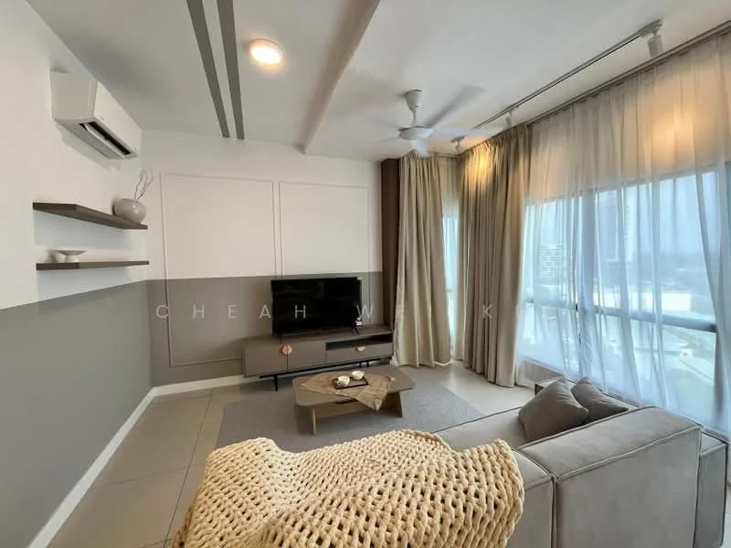 Living features: light grey fabric sofa, coffee table with natural wood finish, wall-mounted TV, TV console in dark wood, floor-to-ceiling windows, sheer curtains, recessed downlights, 5-blade ceiling fan with light, air conditioning unit, decorative wall shelves, neutral painted walls, tile flooring; style: modern; view: city.