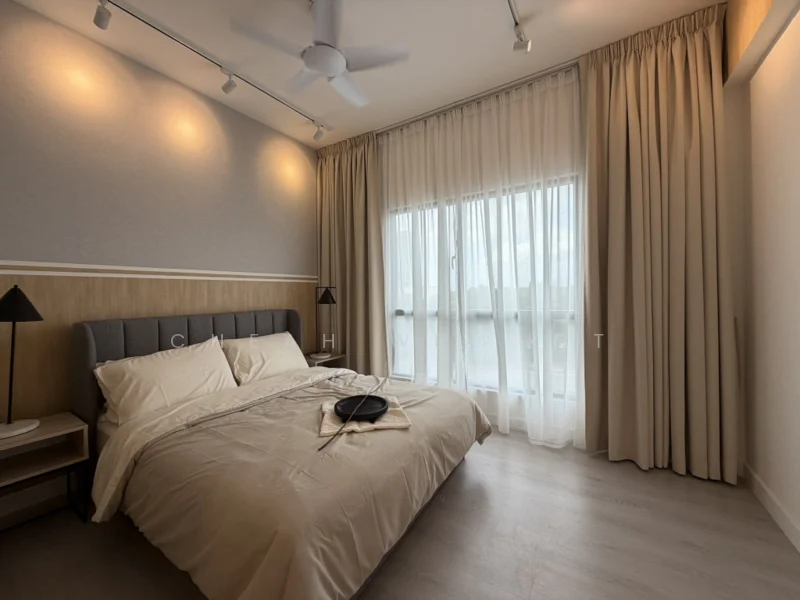Bedroom features: queen-size bed with beige bedding, upholstered headboard in grey, 2 bedside lamps with black shades, floor-to-ceiling windows, sheer curtains, light grey accent wall, wood paneling behind the bed, 5-blade ceiling fan with light, light wood flooring, decorative wall lighting; style: modern.