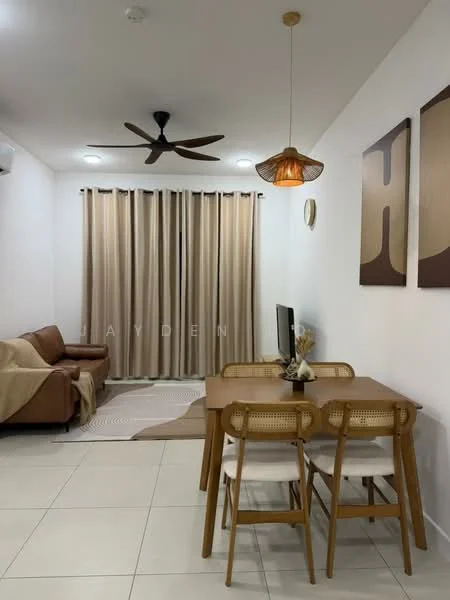 Living features: 3-seater brown leather sofa, area rug with geometric pattern, wooden dining table with 4 chairs, pendant light fixture, 5-blade ceiling fan, wall-mounted TV, curtains in beige, recessed downlights, white painted walls, tile flooring; style: modern.