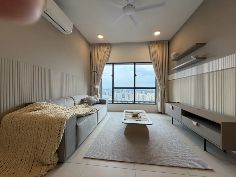 Living features: grey fabric sofa, textured throw blanket, coffee table, area rug, wall-mounted TV console, shelves on wall, floor-to-ceiling windows, curtains, recessed downlights, ceiling fan, air conditioning unit, neutral painted walls, tile flooring; style: modern; view: city.