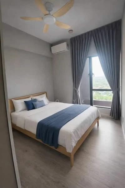 Bedroom features: king-size bed, upholstered headboard, bedside lamps, floor-to-ceiling window, curtains, 5-blade ceiling fan, wall-mounted split AC, light wood flooring, decorative throw blanket, decorative pillows; style: modern; view: city.