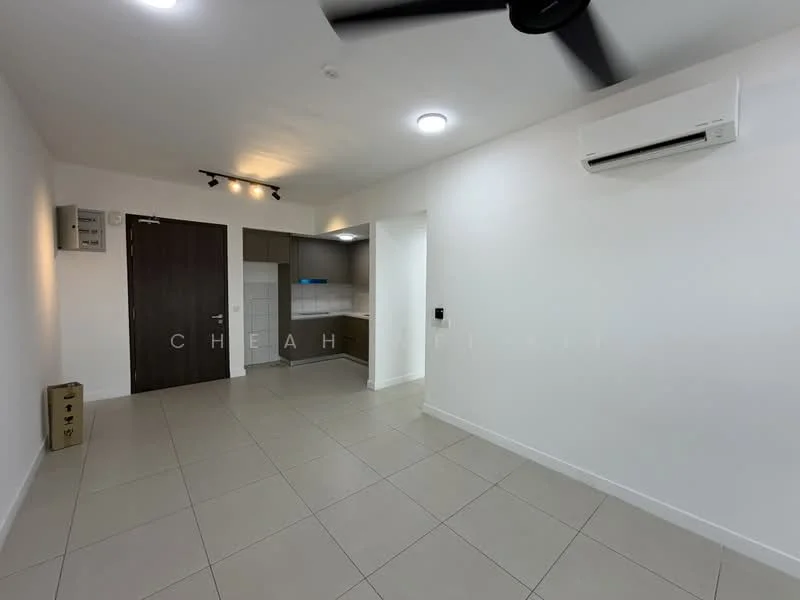Living features: white painted walls, tile flooring, 5-blade ceiling fan, wall-mounted split AC, recessed downlights, door leading to kitchen, open layout, neutral color scheme; style: modern. Kitchen features: kitchen cabinetry, countertop, tile backsplash, stainless-steel sink, built-in appliances; style: modern.