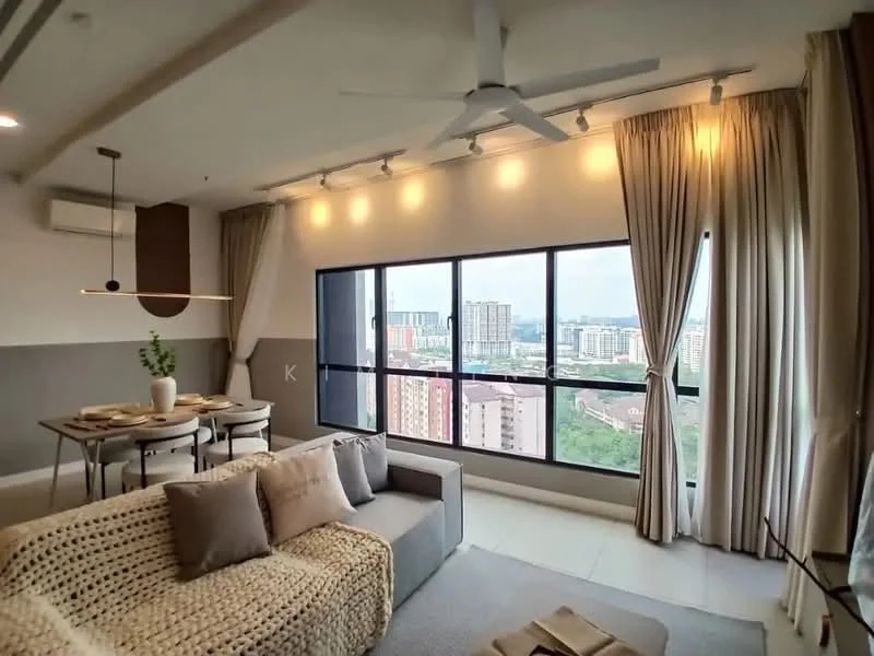 Living features: floor-to-ceiling windows, sheer curtains, 5-blade ceiling fan with light, sofa in grey fabric, decorative throw pillows, coffee table, dining table for four, dining chairs, recessed downlights, wall-mounted air conditioning unit, decorative plant in ceramic pot, neutral wall colour with accent, light-coloured flooring; style: modern; view: city.