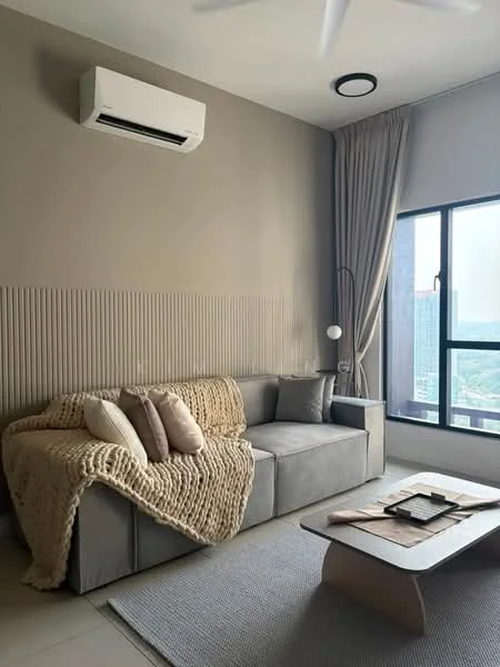 Living features: grey fabric sofa, decorative throw blanket, decorative pillows, coffee table, area rug, wall-mounted split AC, floor-to-ceiling window, curtains, accent wall with vertical paneling, recessed ceiling light, ceiling fan; style: modern; view: city.