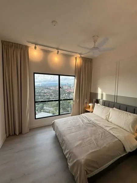 Bedroom features: king-size bed with beige bedding, upholstered headboard, floor-to-ceiling window, city view, curtains in beige, 5-blade ceiling fan, nightstand with lamp, light wood flooring, recessed lighting, decorative wall paneling; style: modern; view: city.