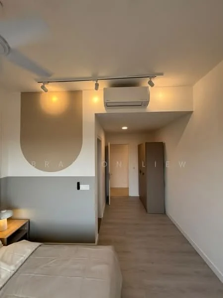 Bedroom features: light wood flooring, grey painted walls, white painted walls, 5-blade ceiling fan with light, wall-mounted split AC, track lighting, built-in wardrobe, doorway leading to hallway; style: modern.