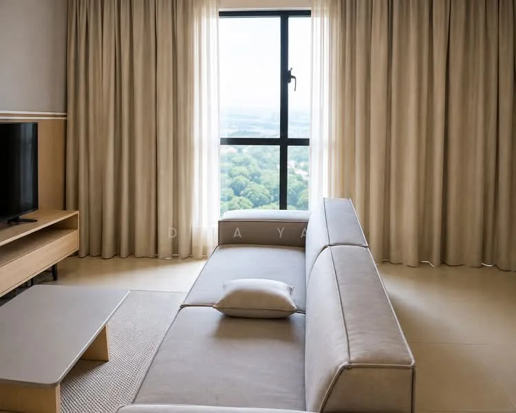 Living features: 3-seater fabric sofa in light grey, coffee table, floor-to-ceiling window, sheer curtains, light-coloured walls, tile flooring, area rug, TV console, wall-mounted TV; style: modern; view: city.