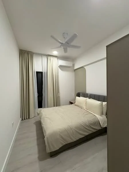 Bedroom features: king-size bed with beige bedding, upholstered headboard, floor-to-ceiling windows, sheer curtains, 5-blade ceiling fan with light, wall-mounted split AC, light-colored laminate flooring, neutral painted walls, nightstand, decorative wall niche; style: modern.
