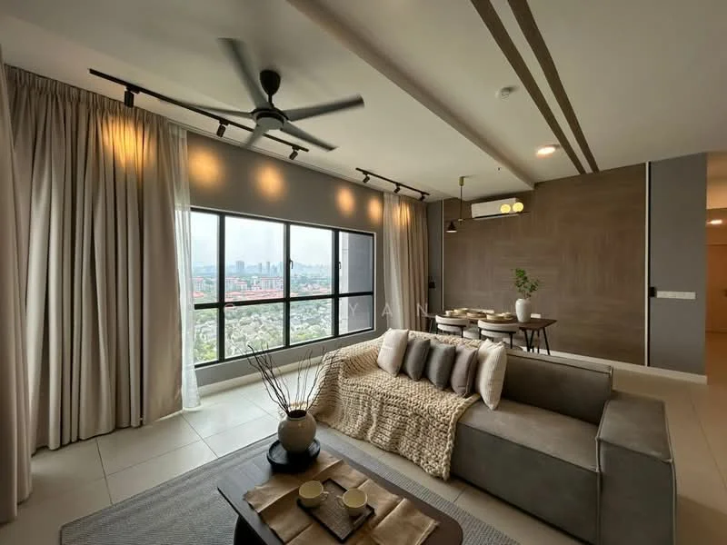 Living features: 3-seater fabric sofa in grey, decorative throw blanket, coffee table, area rug, floor-to-ceiling windows, curtains in light fabric, ceiling fan with light, wall-mounted air conditioning unit, wood accent wall, dining table with chairs, decorative vase, tableware on the dining table; style: modern; view: city.