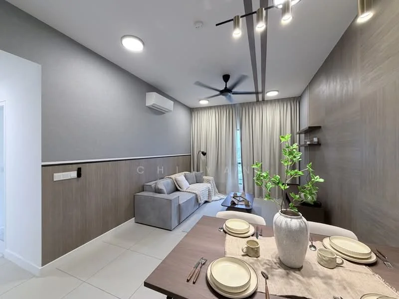 Living features: grey fabric sofa, ceiling fan with light, wall-mounted split AC, floor-to-ceiling windows, sheer curtains, wood panel accent wall, light grey painted walls, recessed downlights, dining table with beige placemats, ceramic vase on dining table, decorative plant in pot, neutral-colored throw blanket; style: modern.