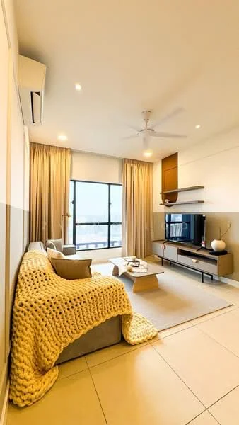 Living features: 3-seater fabric sofa in grey, yellow knitted throw blanket, coffee table, TV console, wall-mounted TV, area rug, floor-to-ceiling windows, sheer curtains, ceiling fan, recessed LED downlights, light-colored walls, tile flooring; style: modern; view: city.