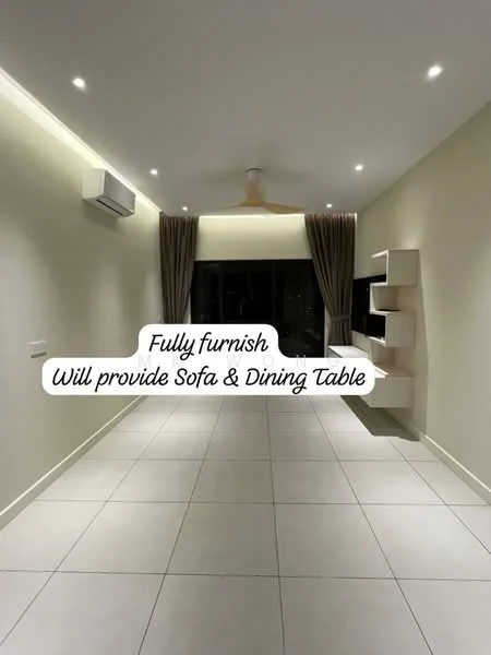 Living features: white painted walls, tile flooring, 5-blade ceiling fan with light, wall-mounted split AC, floor-to-ceiling windows, curtains, built-in shelving unit, recessed lighting; style: modern.