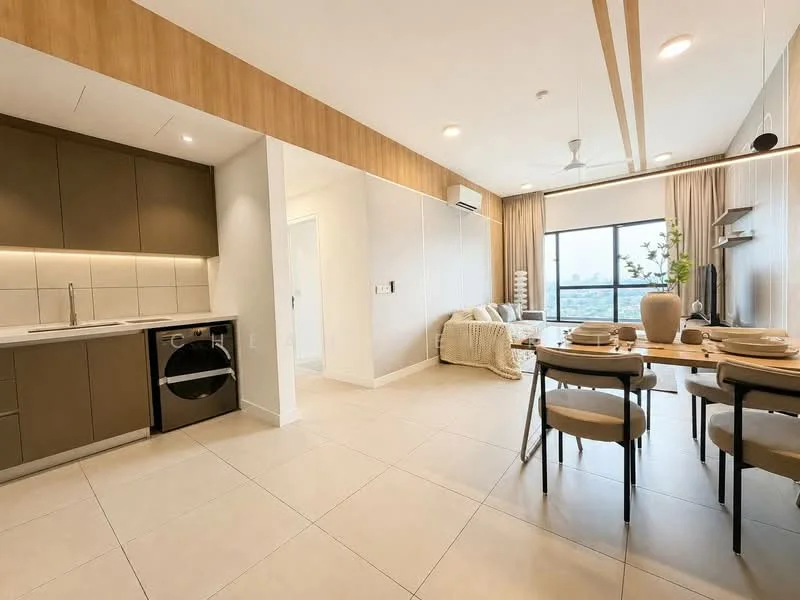 Kitchen features: brown cabinetry, white tiled backsplash, stainless-steel sink, built-in oven, ceramic cooktop, refrigerator, under-cabinet lighting, countertop with storage; style: modern. Living features: sofa with throw blanket, coffee table, TV console, wall-mounted TV, floor-to-ceiling windows, curtains, ceiling fan with light, decorative plant; style: modern; view: city. Dining features: dining table for four, upholstered dining chairs, table setting with plates and cutlery; style: modern.