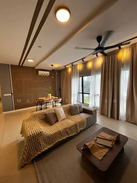 Living features: 3-seater fabric sofa in beige, decorative throw blanket, coffee table, area rug, floor-to-ceiling windows, sheer curtains, recessed downlights, ceiling fan, wood accent wall, dining table with chairs, pendant light, wall-mounted lighting, neutral wall color, light-colored flooring; style: modern; view: garden.