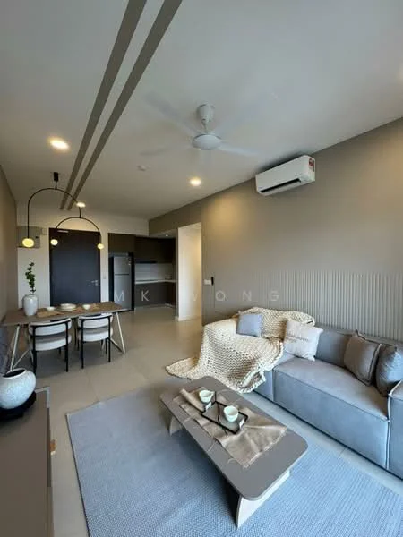 Living features: 3-seater fabric sofa in grey, coffee table, area rug, dining table for 4, pendant lighting, 5-blade ceiling fan, wall-mounted split AC, neutral painted walls, tile flooring, decorative throw blanket, decorative vases, wall paneling, open layout; style: modern.