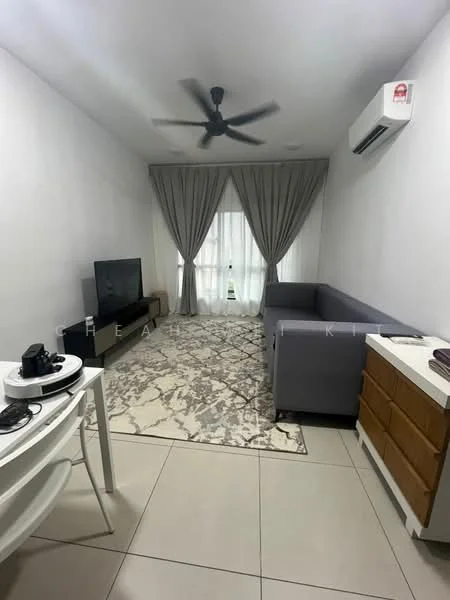 Living features: 3-seater fabric sofa in grey, coffee table, TV console, wall-mounted TV, area rug with abstract pattern, 5-blade ceiling fan with light, 1 wall-mounted split AC, curtains in light grey, white painted walls, tile flooring, decorative wall art; style: modern.