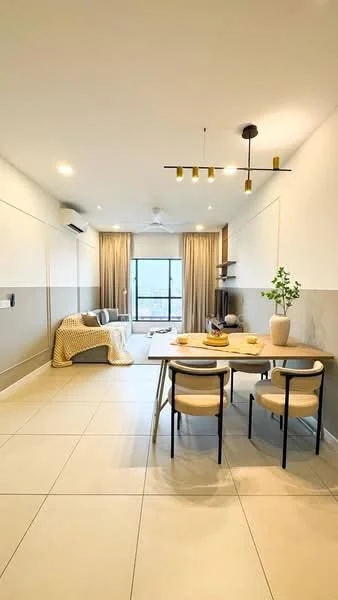 Living features: light-colored walls, cream accent wall, tile flooring, 5-blade ceiling fan with light, recessed downlights, large window with sheer curtains, sofa with throw blanket, coffee table, decorative vase on table, dining table with two chairs, wall-mounted shelf, area rug; style: modern; view: city.