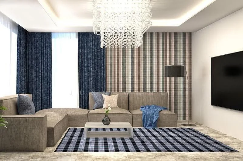 Living features: L-shape sectional sofa in beige, coffee table with glass top, area rug with plaid pattern, wall-mounted TV, floor lamp with black shade, decorative cushions in blue and grey, striped wallpaper, sheer curtains, recessed ceiling lights, light fixture with crystal design, neutral wall color, textured wall paneling; style: modern.