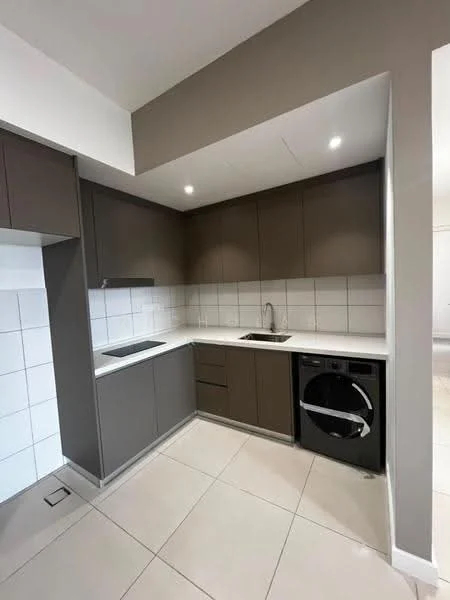 Kitchen features: grey cabinetry, white countertop, stainless-steel sink, chrome faucet, built-in cooktop, built-in oven, white tiled backsplash, washing machine, recessed downlights, ceramic tile flooring; style: modern.